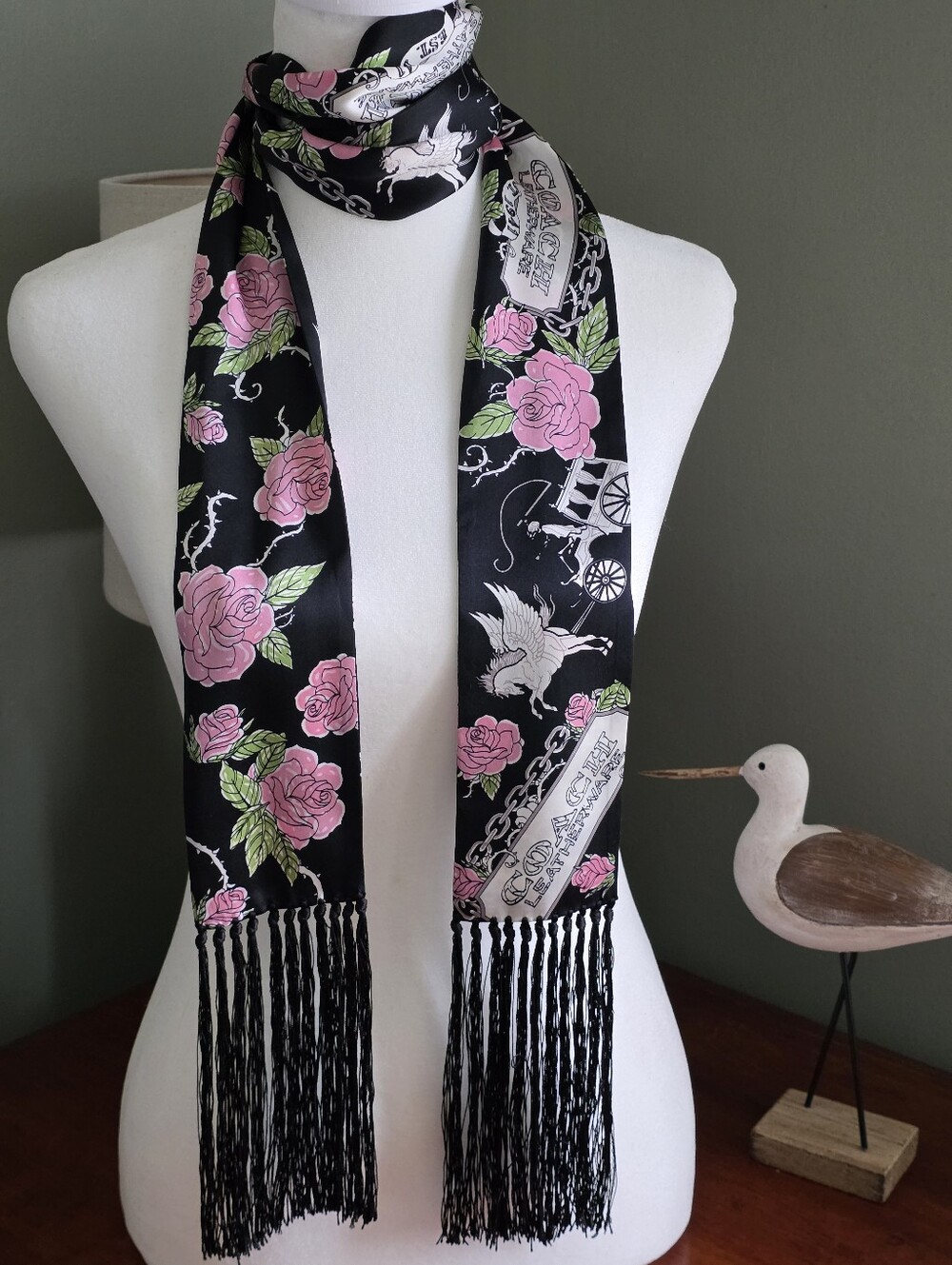Coach Tattoo Collection Rose Pegasus Silk Fringe Scarf Black Pink Rare